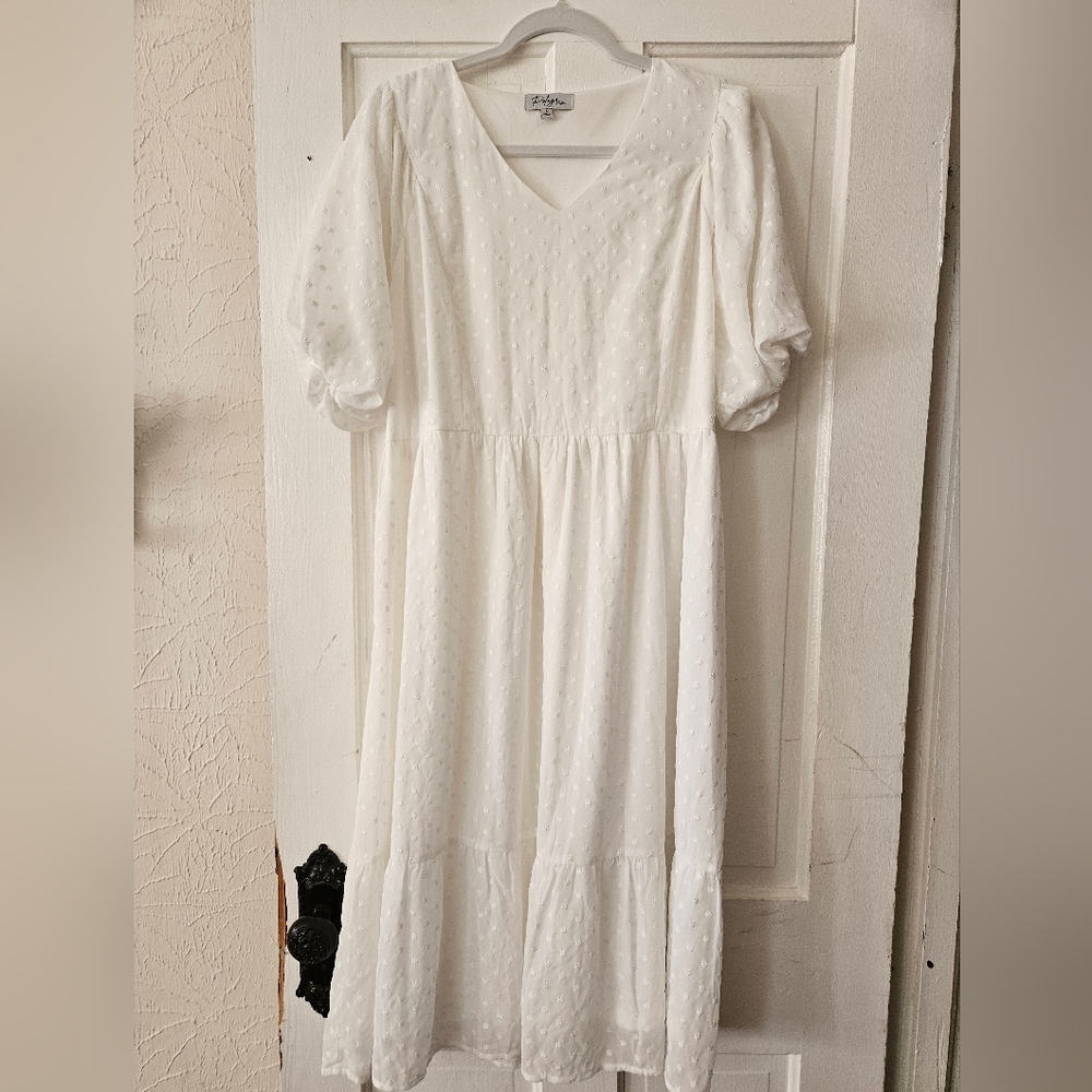 Polagram White Textured Puff Sleeve Dress Large Ruffle Hem, Cottage, Fairy
